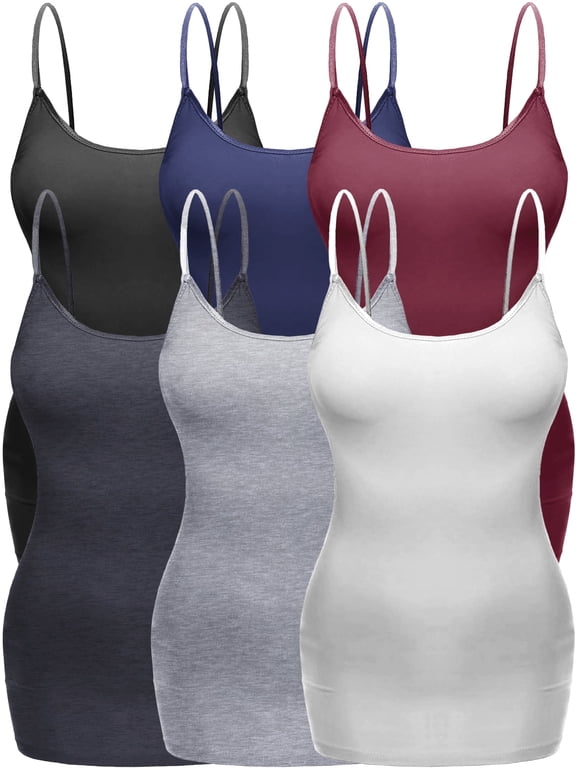 Women's Plus Size Casual Long Camisole Top with Adjustable Strap 6 Pack, Blk Navy Burg HthCharc Hgry White, 3XL