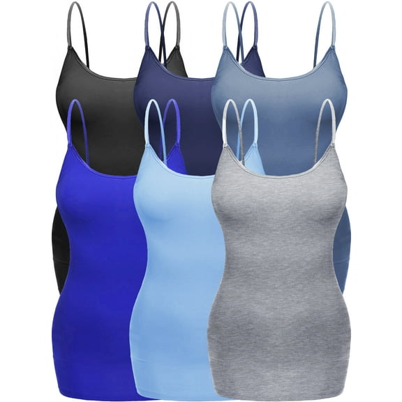Essential Basic Women's Plus Size Casual Long Camisole Top with Adjustable Strap 6 Pack, Blk Navy DenimBlue Royal PastelBlue Hgry, 3XL
