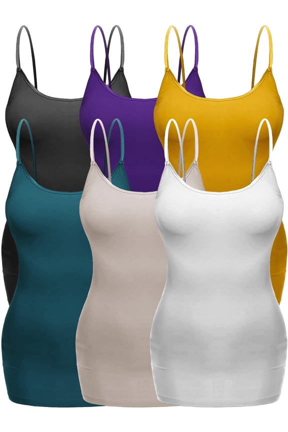 Women's Plus Size Casual Long Camisole Top with Adjustable Strap 6 Pack, Blk Purple Mustard GreenTeal Khaki White, 2XL