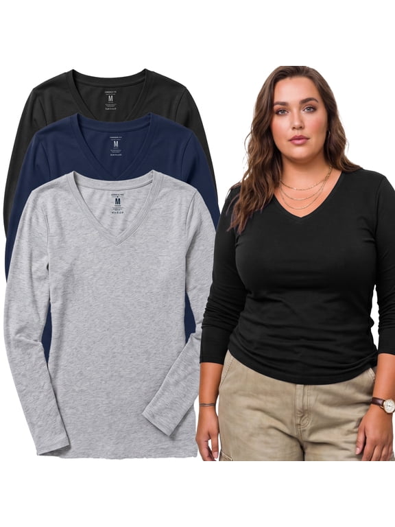 Women's Plus Size Long Sleeve V-Neck T-Shirt, 3-Pack - Black, Navy, Heather Gray, 2X