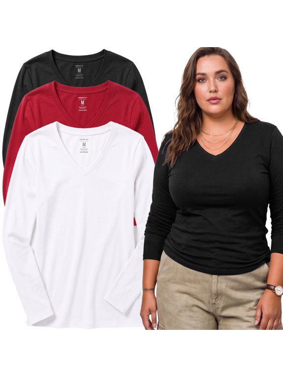 Women's Plus Size Long Sleeve V-Neck T-Shirt, 3-Pack - Black, Red, White, 2X