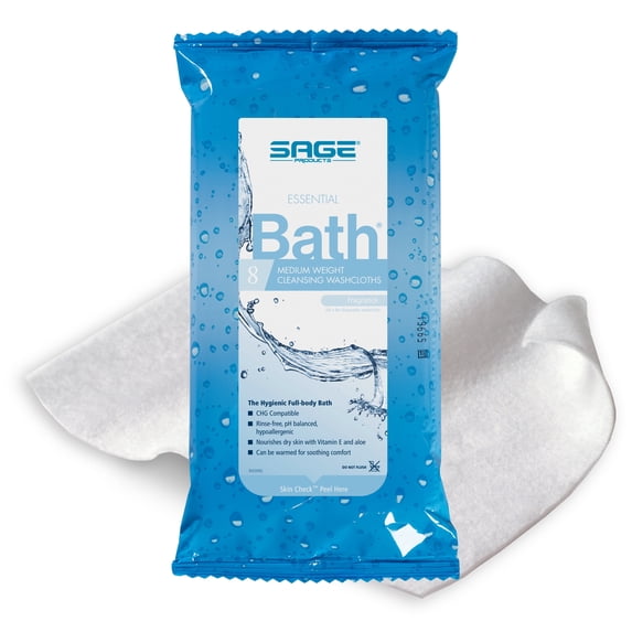 Essential Bath Pre-Moistened, pH-Balanced, Rinse-Free Personal Wipes, 8" x 8", 8 Wipes, 30 Packs, 240 Total