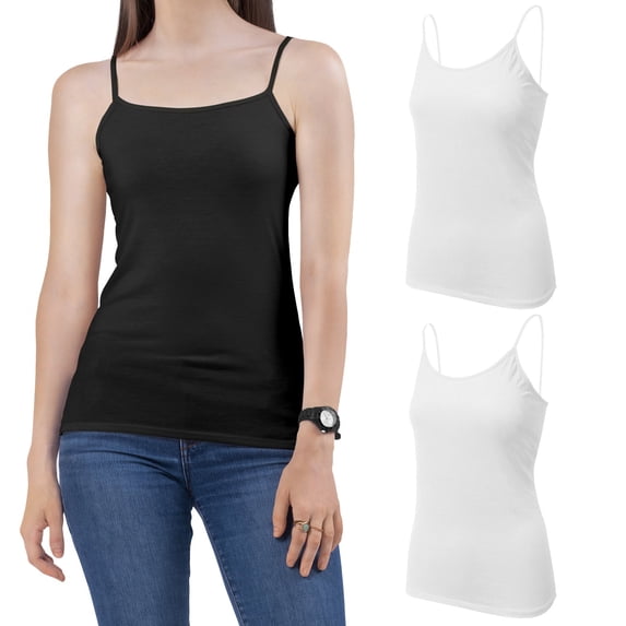 Essential Black and White Fitted Cami Camisole Spaghetti & Noodle Tank Top Shirt for Women 2 Pack (Large)