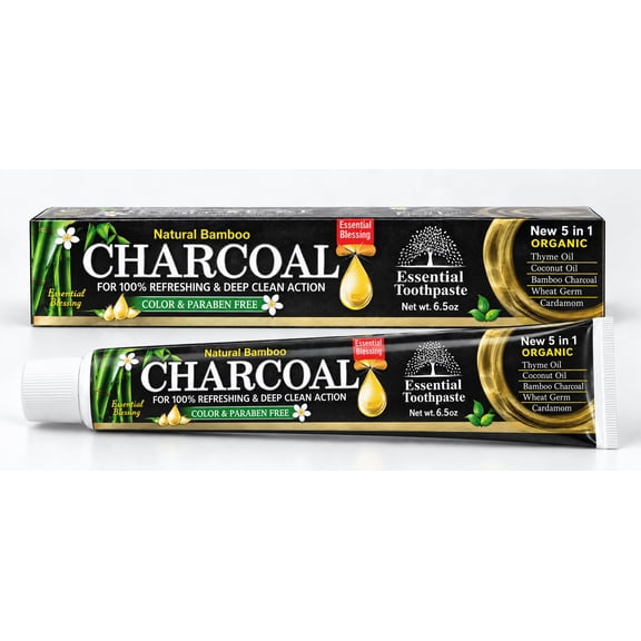 Essential Blessing Natural Bamboo Charcoal 5 in 1 Organic Toothpaste, 6.5 oz