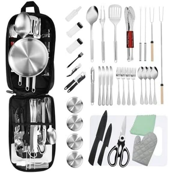 Essential Camping Utensils Set, Campers Mess Gear Kit, Portable Stainless Steel Kitchen Accessories, Must Have Car Travel Cutlery, Cookware Cooking Tools Equipment, Outdoor Survival for Men and Women