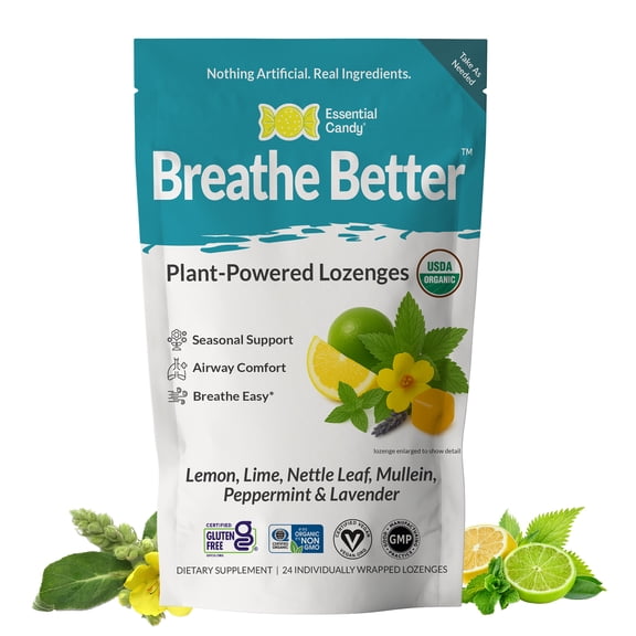 Essential Candy Breathe Better Botanical Lozenge Seasonal Support with Organic Lemon, Lime, Peppermint, Lavender, Nettle Leaf, Mullein 3oz