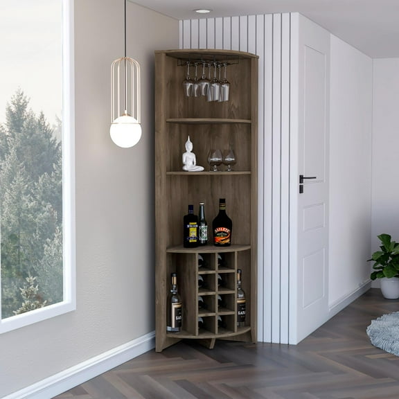 Essential Corner Bar Cabinet , Three Shelves, Eight Built-in Wine Rack, Two Side Shelves Dark Brown