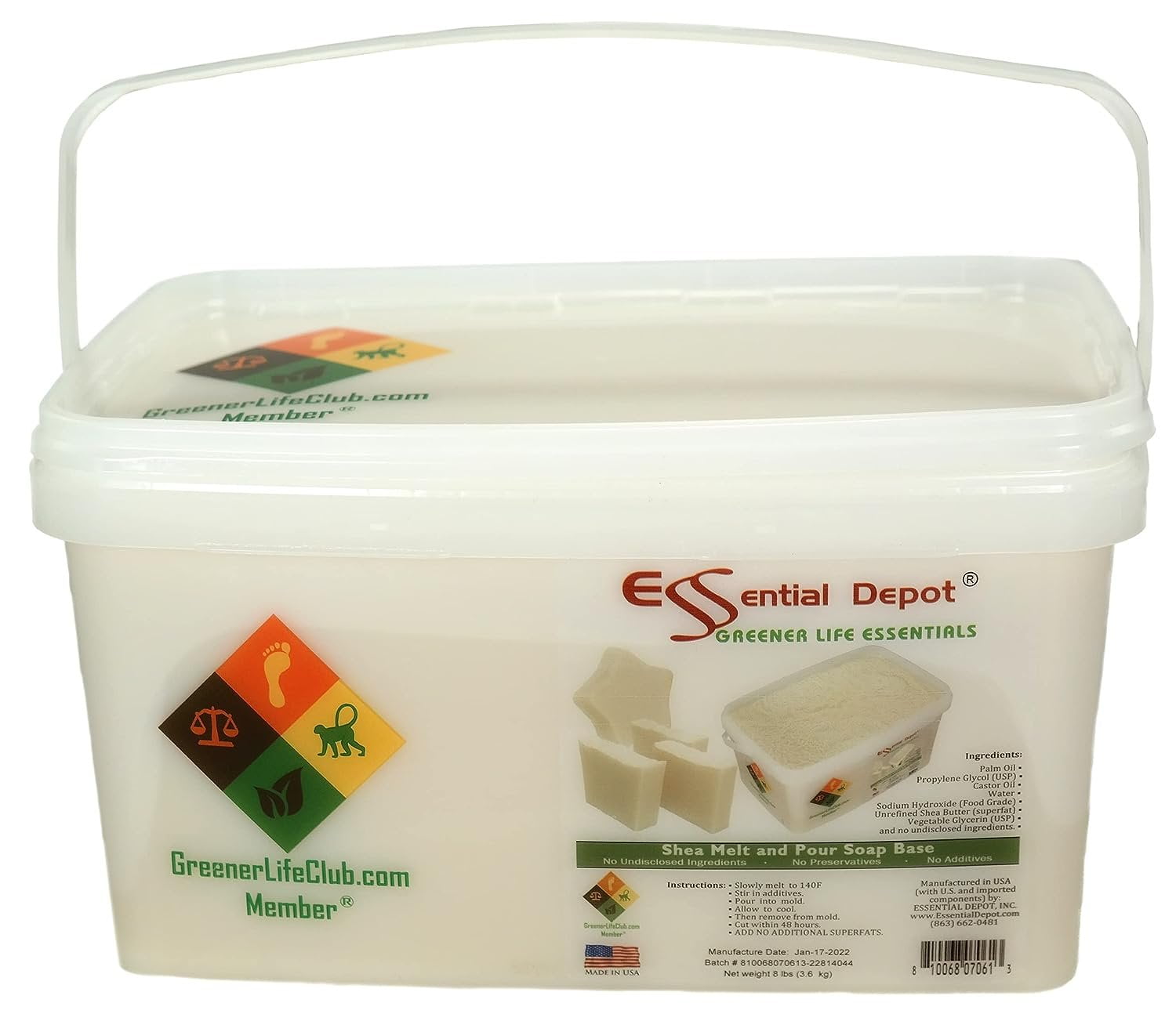 Essential Depot Shea Melt & Pour - 8 lbs Shipped in a safety-sealed square pail with resealable lid and removable handle
