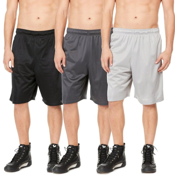 Essential Elements 3 Pack: Mens Active Athletic Workout Gym Open Mesh Shorts with Pockets Large, Black, Charcoal Grey, Light Grey