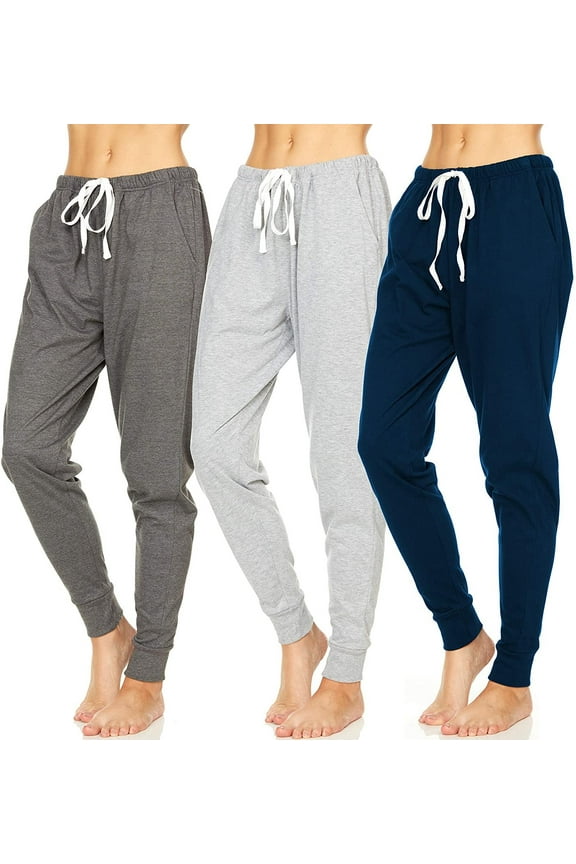 3 Pack: Women's 100% Cotton Jersey Lightweight Lounge Casual Sleep Pajama Jogger Pants Small, Set E