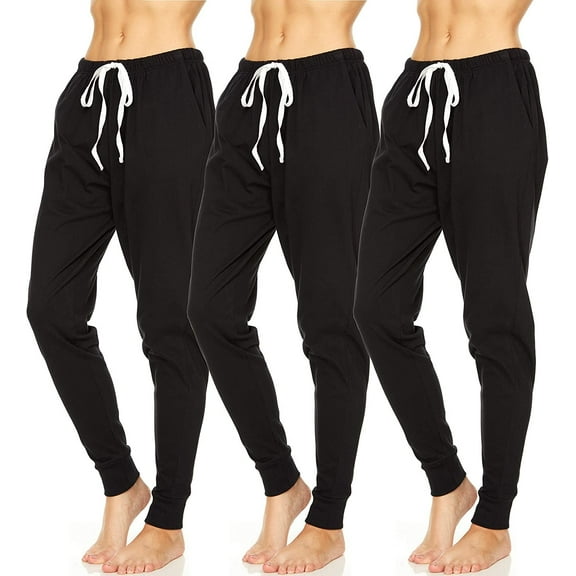 Essential Elements 3 Pack: Women's 100% Cotton Jersey Lightweight Lounge Casual Sleep Pajama Jogger Pants X-Large, Black