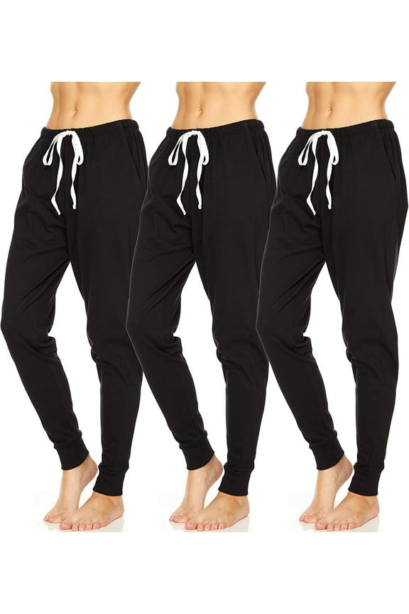 3 Pack: Women's 100% Cotton Jersey Lightweight Lounge Casual Sleep Pajama Jogger Pants X-Large, Black