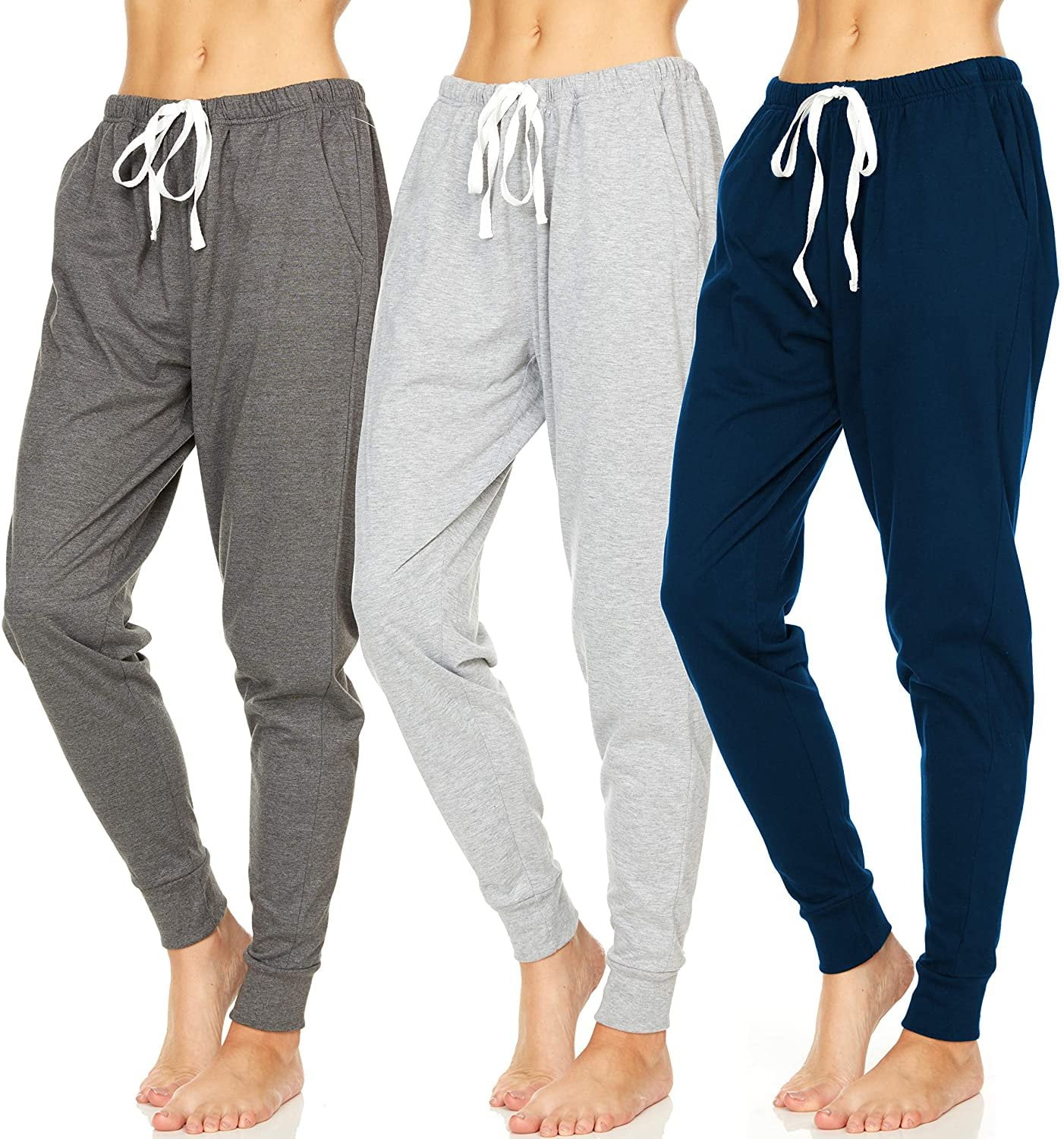 Essential Elements 3 Pack: Women's 100% Cotton Jersey Lightweight Lounge  Casual Sleep Pajama Jogger Pants X-Large, Set E 