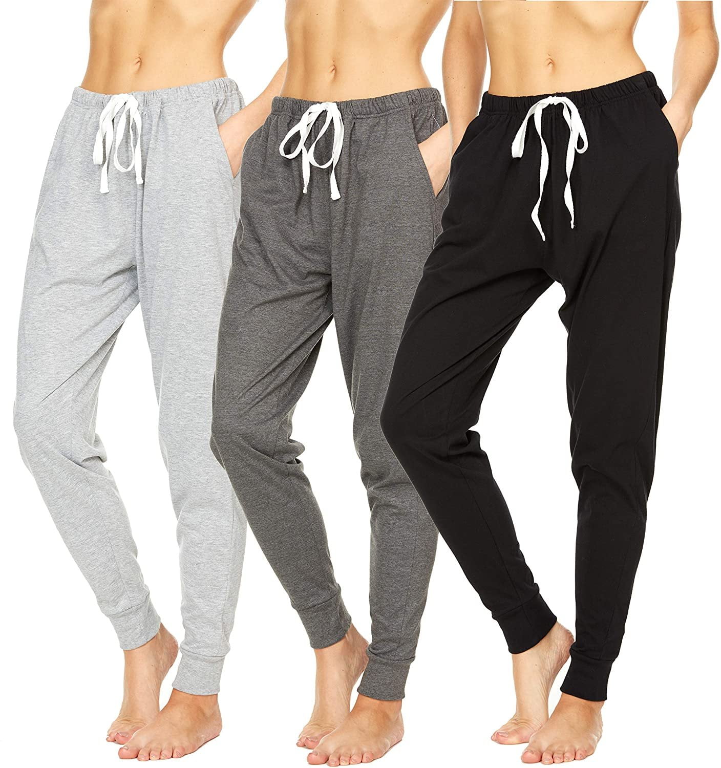 Essential Elements 3 Pack: Women's 100% Cotton Lounge Sleep Casual Pajama Bottom Jogger Sweatpants Small, Set D