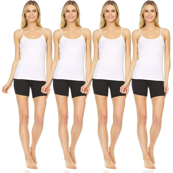 Essential Elements 4 Pack: Women's Cotton Spandex Spaghetti Strap Sleeveless Long Strappy Basic Layering Camisole XS-3XL XX-Large, White