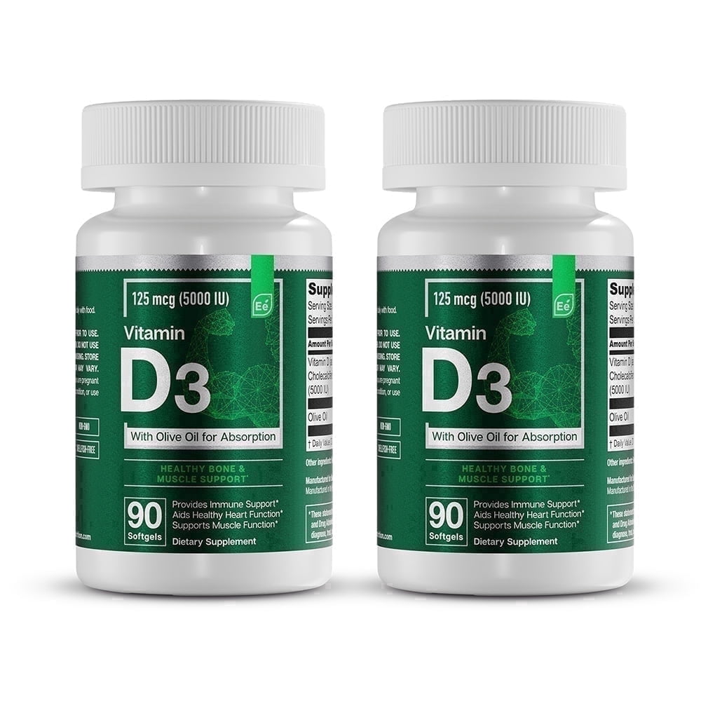 Essential elements Vitamin D3 5000 IU - Softgels with Olive Oil - Bone, Muscle, & Immune Support - 2 pack