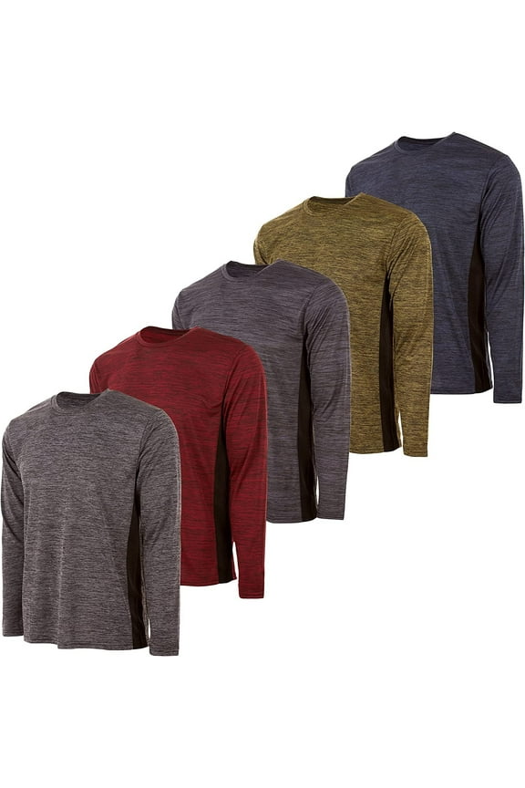 Mens Active T-Shirt - Quick-Dry Athletic Workout Training Crew Neck Long Sleeve Top 5 Pack