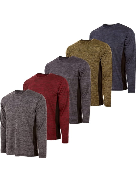 Mens Active T-Shirt - Quick-Dry Athletic Workout Training Crew Neck Long Sleeve Top 5 Pack