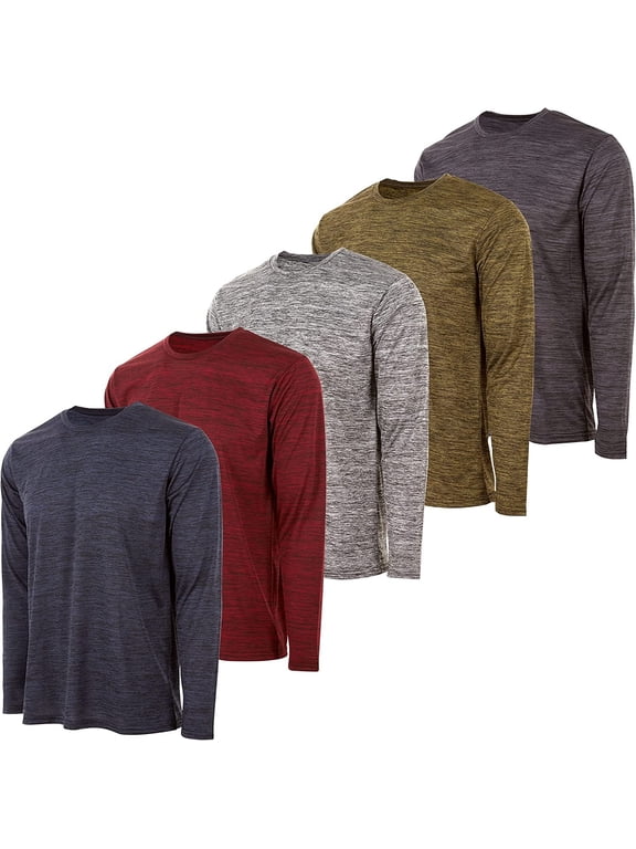 Mens Active T-Shirt - Quick-Dry Athletic Workout Training Crew Neck Long Sleeve Top 5 Pack