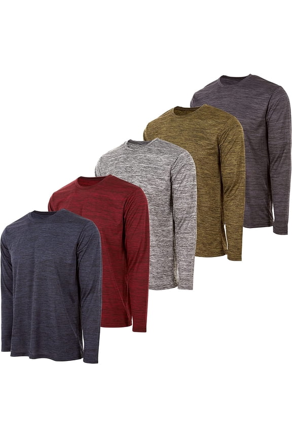 Mens Active T-Shirt - Quick-Dry Athletic Workout Training Crew Neck Long Sleeve Top 5 Pack