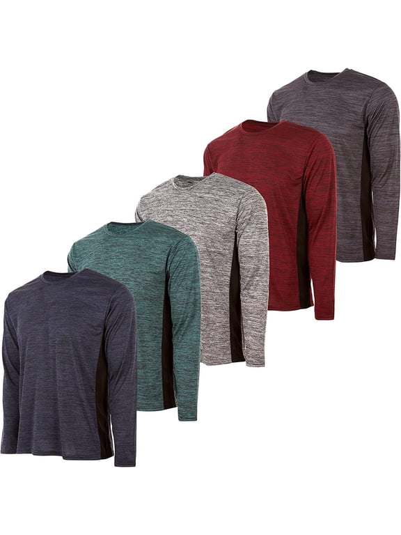 Mens Active T-Shirt - Quick-Dry Athletic Workout Training Crew Neck Long Sleeve Top 5 Pack