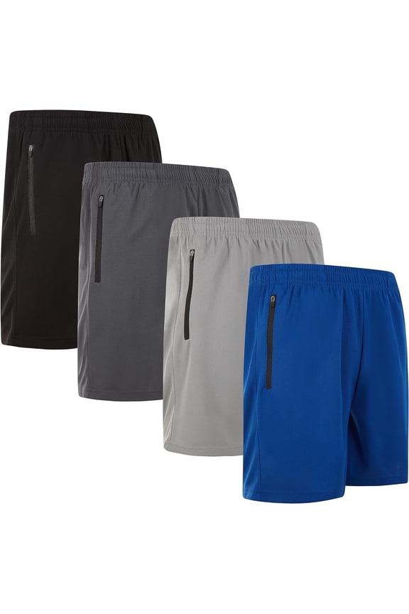 Mens Modern Fit Active Shorts with Zipper Pockets - 4 Pack, Moisture-Wicking, Quick-Dry Running Shorts