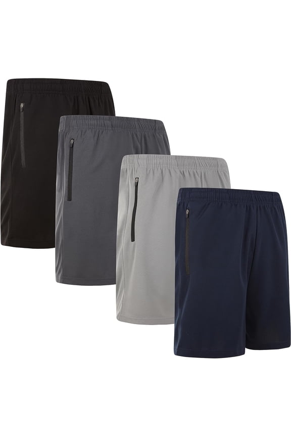 Mens Modern Fit Active Shorts with Zipper Pockets - 4 Pack, Moisture-Wicking, Quick-Dry Running Shorts