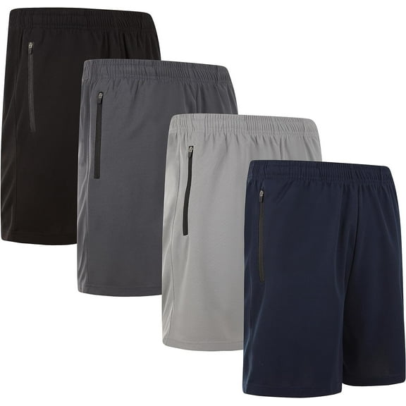 Essential Elements Mens Modern Fit Active Shorts with Zipper Pockets - 4 Pack, Moisture-Wicking, Quick-Dry Running Shorts