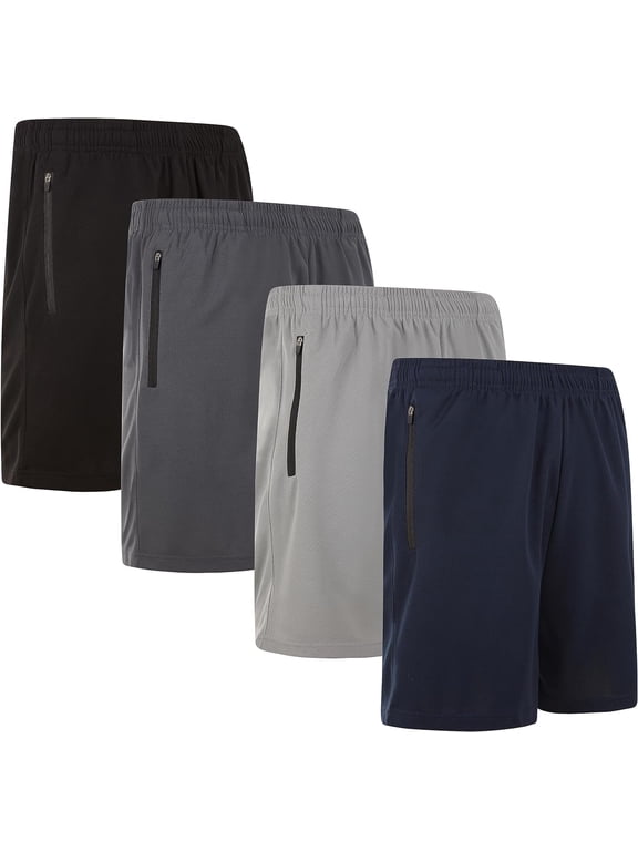 Mens Modern Fit Active Shorts with Zipper Pockets - 4 Pack, Moisture-Wicking, Quick-Dry Running Shorts
