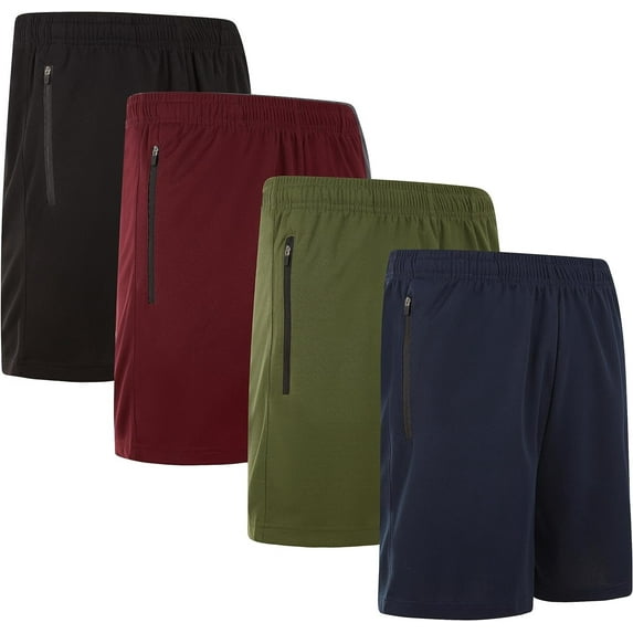 Essential Elements Mens Modern Fit Active Shorts with Zipper Pockets - 4 Pack, Moisture-Wicking, Quick-Dry Running Shorts