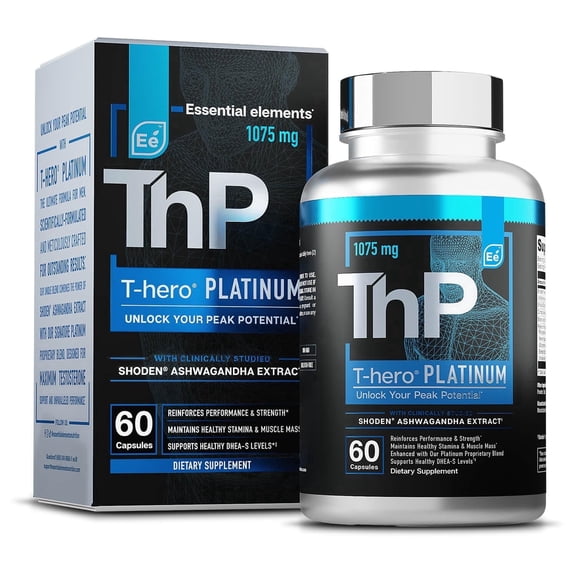 Essential Elements T-Hero Platinum - Testosterone Support for Men - Vitality and Drive - Ashwagandha, Shilajit, Boron, DIM - 60 Capsules