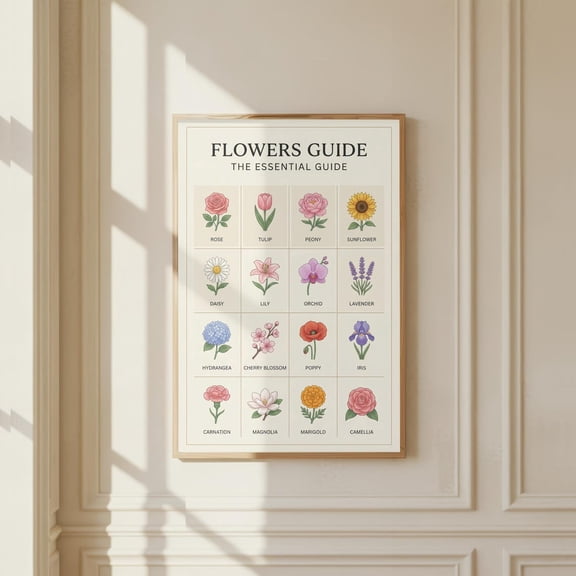 Essential Flowers Guide Poster, Botanical Chart Print, Unframed Paper Poster 8x10in