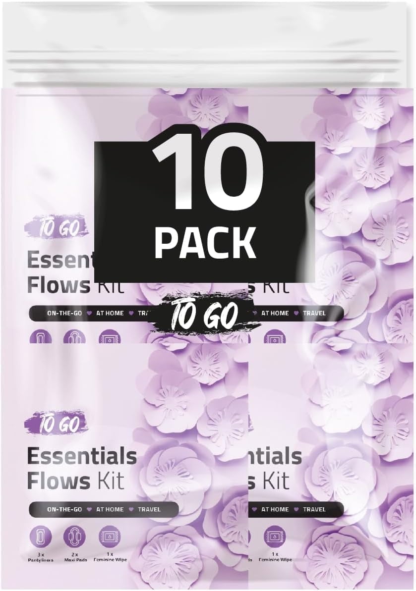 Essential Flows Kit with 3 Pantiliners, 2 Maxi Pads & 1 Feminine Wipe – Light Daily Period Care for Women & Girls – Travel Hygiene Pack (Purple) (10)