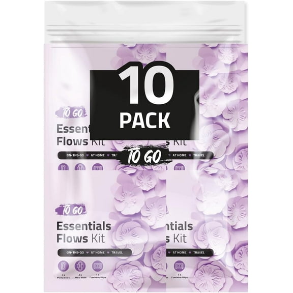Essential Flows Kit with 3 Pantiliners, 2 Maxi Pads & 1 Feminine Wipe  Light Daily Period Care for Women & Girls  Travel Hygiene Pack (Purple) (10)