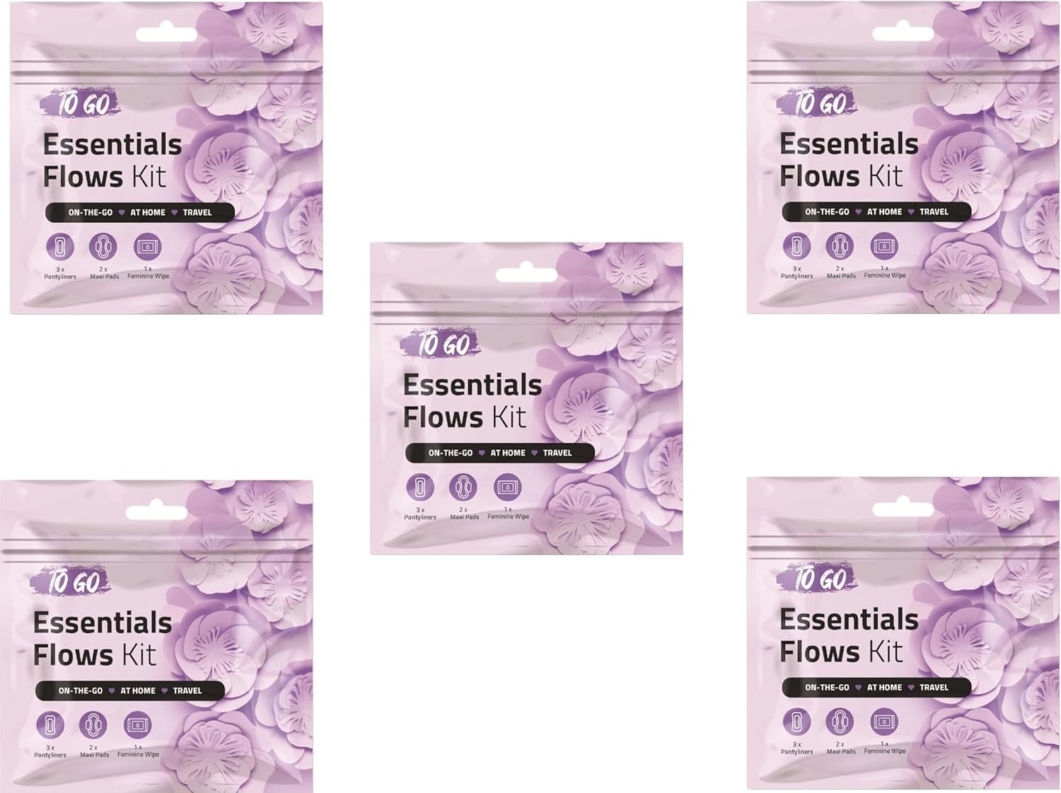 Essential Flows Kit with 3 Pantiliners, 2 Maxi Pads & 1 Feminine Wipe – Light Daily Period Care for Women & Girls – Travel Hygiene Pack (Purple) (5)