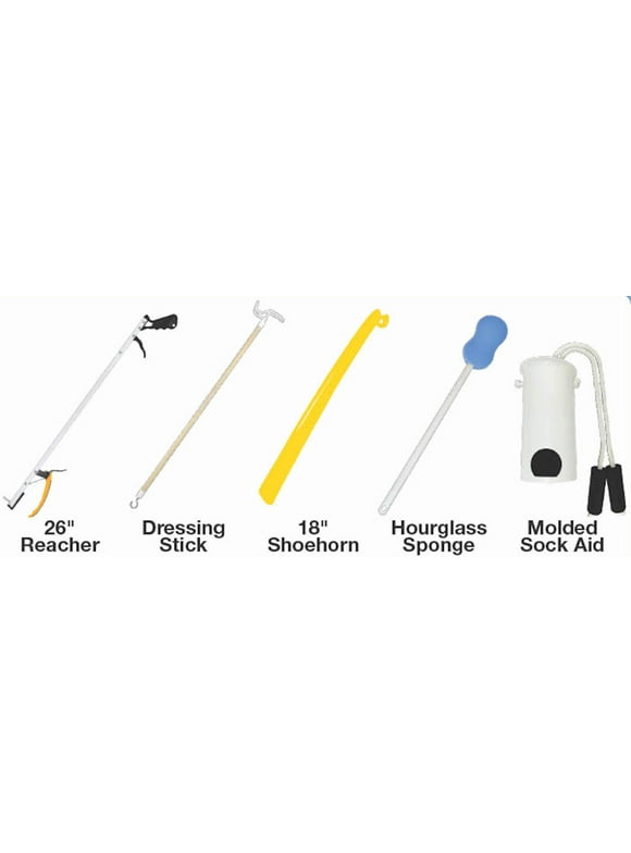 Essential Medical Supply Everyday Essentials Hip and Knee Surgery Recovery Kit with Everything You Need for Rehab - Sock Aid, Shoehorn, Sponge, Reacher and Dressing Stick