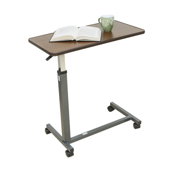 Essential Medical Supply Height Adjustable Overbed Table with Wood Grain Top and Locking Wheels