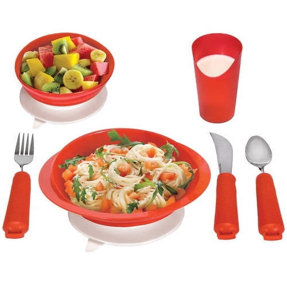 Essential Medical Supply Power of Red Complete Adaptive Dinnerware Setting for with Plate, Bowl, Cup, and Utensil Set