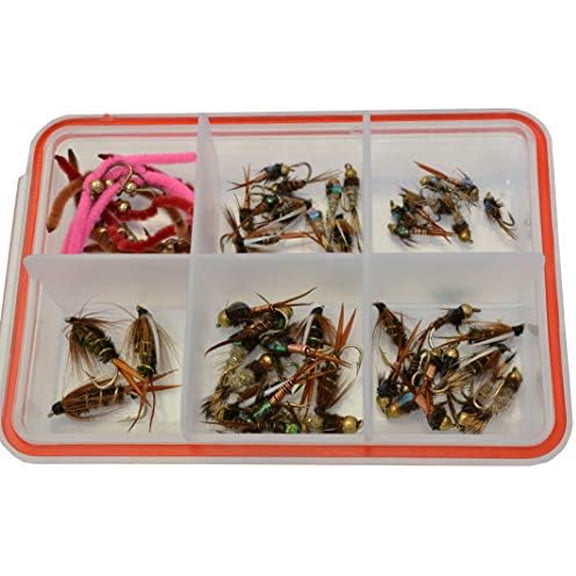 Essential Nymph Fly Assortment - 57 Fishing Flies on Mustad Signature Fly Hooks in Various Sizes
