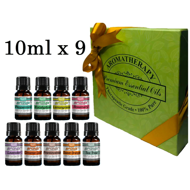 Essential Oil 9 x 10 mL Lavender Peppermint Eucalyptus Lemongrass Rosemary  Cinnamon Leaf Frankincense Sweet Orange Tea Tree - Gift Set of 9 - 100%
