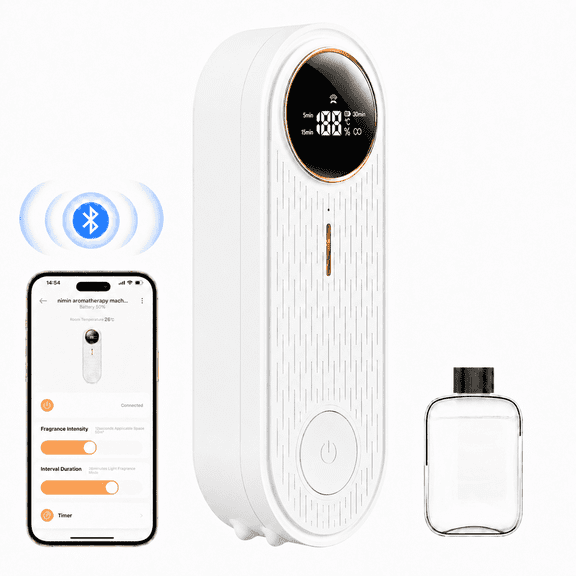 Essential Oil Air Freshener Diffuser with App Control - Waterless Aromatherapy Diffuser for Home, Office, Bathroom | 6 Essential Oils Included, Temperature Display