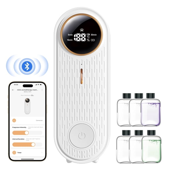 Essential Oil Air Freshener Diffuser with App Control - Waterless Aromatherapy Diffuser for Home, Office, Bathroom | 6 Essential Oils Included, Temperature Display
