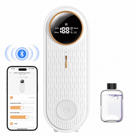 Essential Oil Air Freshener Diffuser with App Control - Waterless Aromatherapy Diffuser for Home, Office, Bathroom | 6 Essential Oils Included, Temperature Display