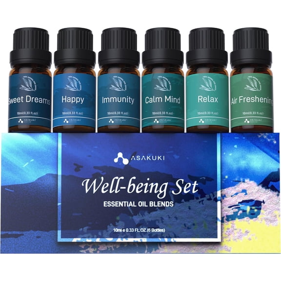 Essential Oil Blends, Essential Oils for Diffusers for Home, Well-Being Kit- Calm Mind, Sweet Dreams, Happy, Relax, Air Freshening, Immunity for Aromatherapy, Humidifiers, Massage, 6x10ml