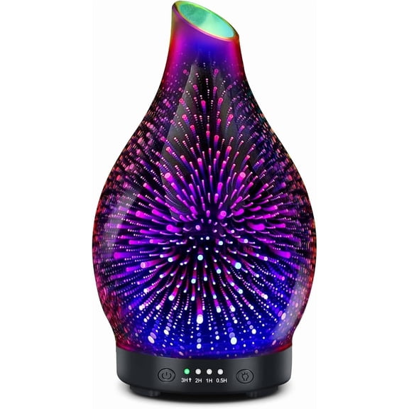 Essential Oil Diffuser 120ML -3D Firework Glass Aromatherapy Diffusers for Essential Oils with 4 Timer Setting Auto Shut-Off Silent Operation 7 Colors Lights Changing for Room Office Yoga