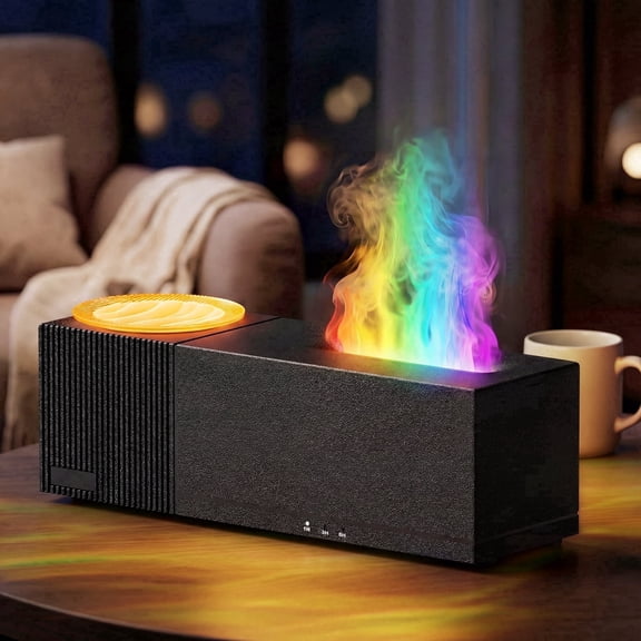 Essential Oil Diffuser, 7-Color Rainbow Flame with 360° Water Ripple Projector, 3 Timer Modes, Remote Control & Auto Shut-Off, Aromatherapy Diifuser Humidifier for Bedroom Home Yoga