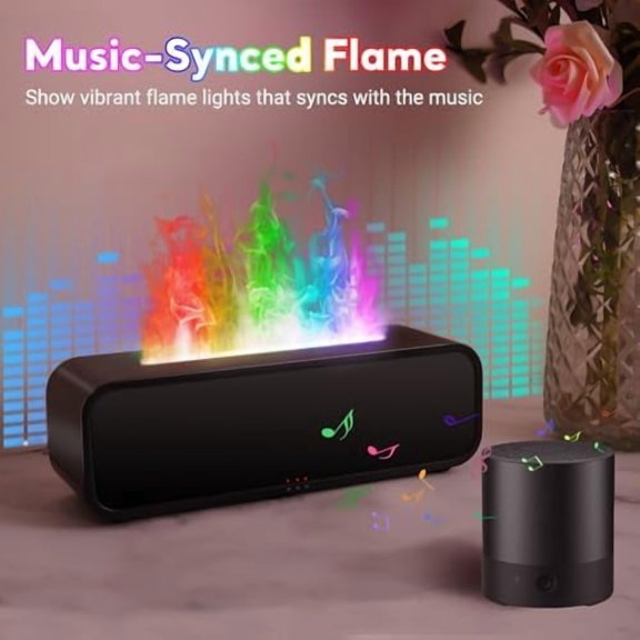 Essential Oil Diffuser, 250ml Flame Oil Diffuser - Aromatherapy Humidifier, Sound Activated Flame Effect, Rainbow Flame, Music Sync, Remote Control - Perfect for Bedroom Home Office Yoga (Black)