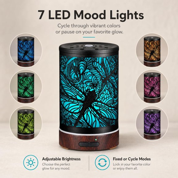 Essential Oil Diffuser, Aromatherapy Diffuser, Birthday Gift for Women, Mom, Grandma, Metal Cold Mist Humidifier with 7 Color Lights, Auto Shut-off, Air Diffuser (Dragonfly Pattern)