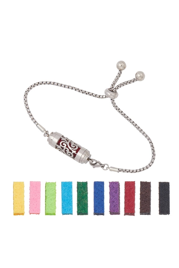 Essential Oil Diffuser Bracelet 9-1/8 Inch(23cm) Long Stainless Steel Adjustable Column Slider Bracelets with 10 Pcs Refill Pads for Mother's Day Valentine's Day DIY