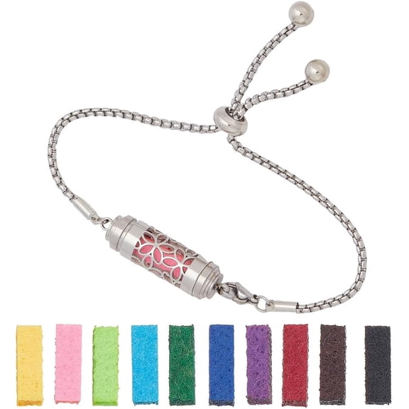 Essential Oil Diffuser Bracelet 9-1/8 Inch(23cm) Long Stainless Steel AdjustableColumn Slider Bracelets with 10 Pcs Refill Pads for Mother's Day Birthday